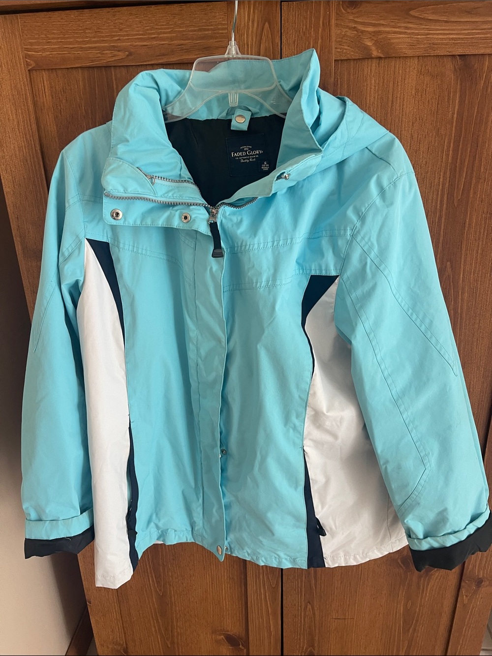 Faded Glory Light Aqua Hooded Ski Jacket with White & Navy Accents - Women's